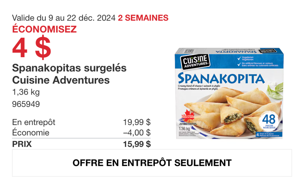 Spanakopitas surgel\u00e9s de Cuisine Adventures en rabais sur le site de Costco Canada.