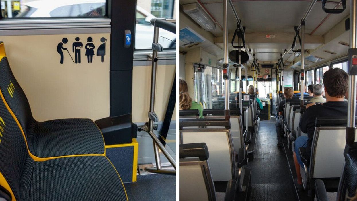 Special front seats of a bus. Right: Passengers inside a bus.