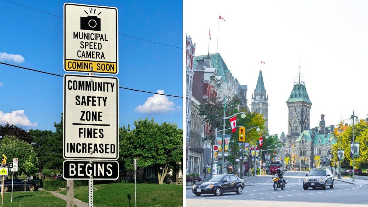 "Speed camera coming soon" sign. Right: Downtown Ottawa (illustrative).
