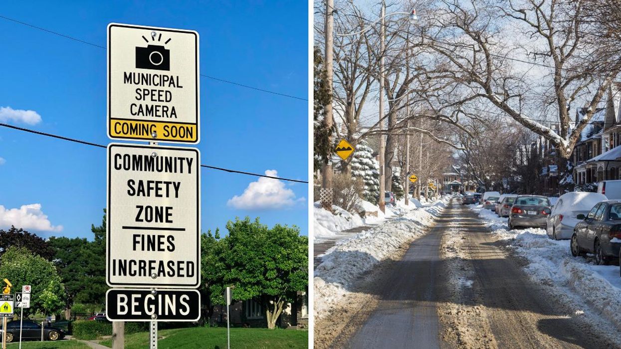 Speed camera sign. Right: Toronto road in the winter.