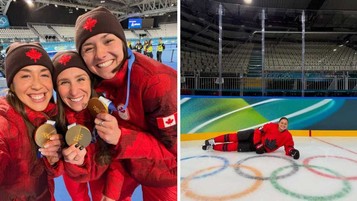 speed skaters Valérie Maltais, Ivanie Blondin and Isabelle Weidemann holding olympic gold medals. right: hockey player Sophie Jaques on olympic ice rink