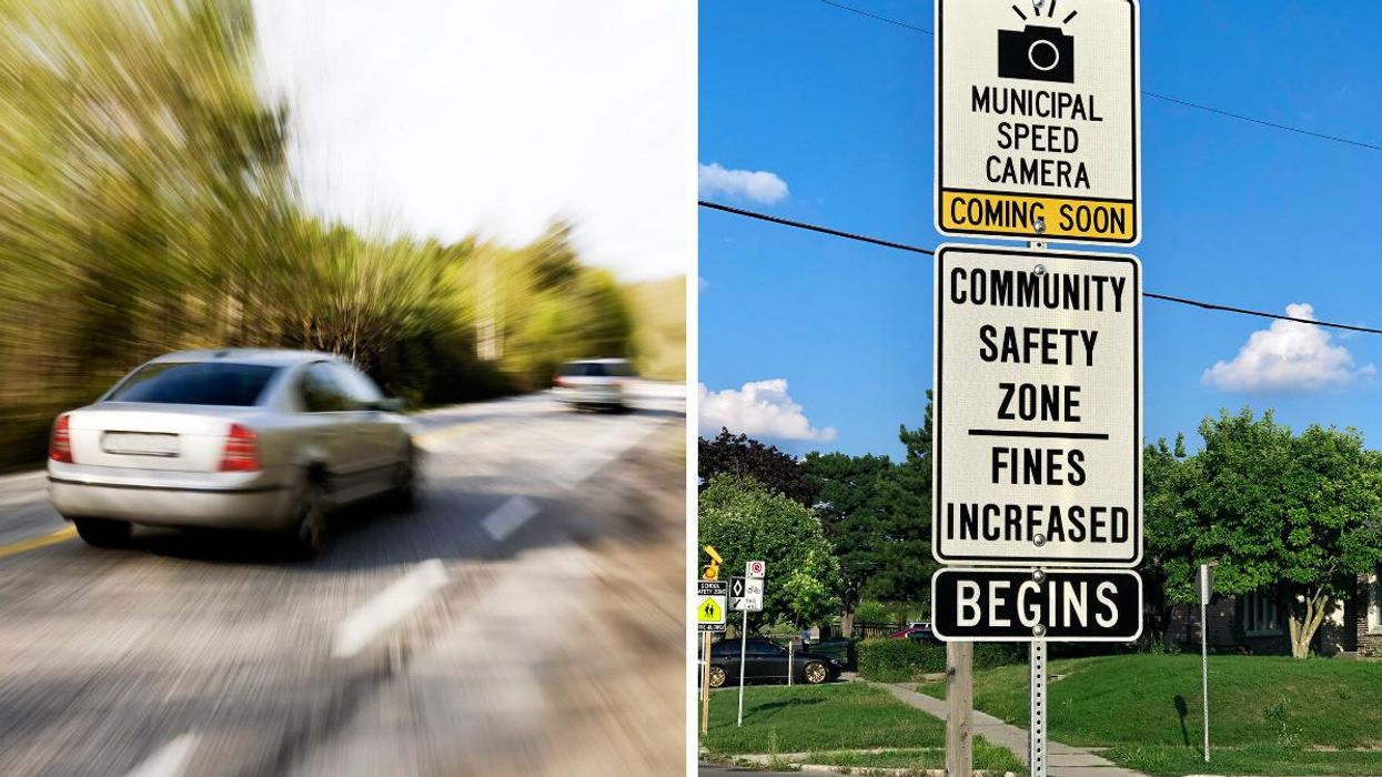 Speeding car. Right: Speed camera sign.