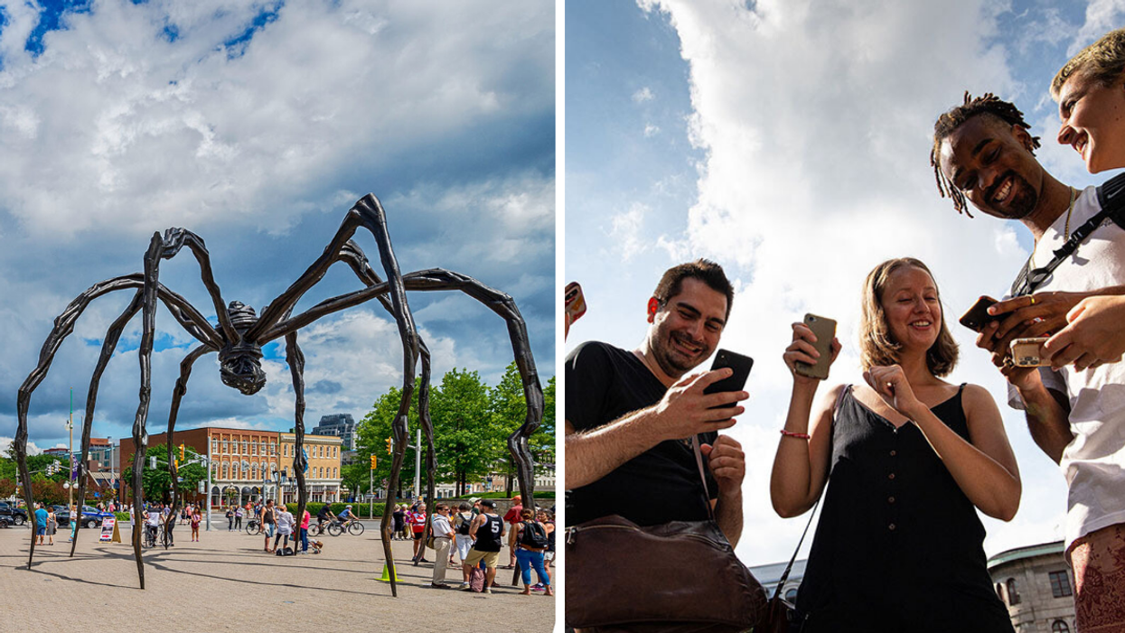 Spider statue in downtown Ottawa. Right: Friends playing an outdoor escape room with clues on the phone.