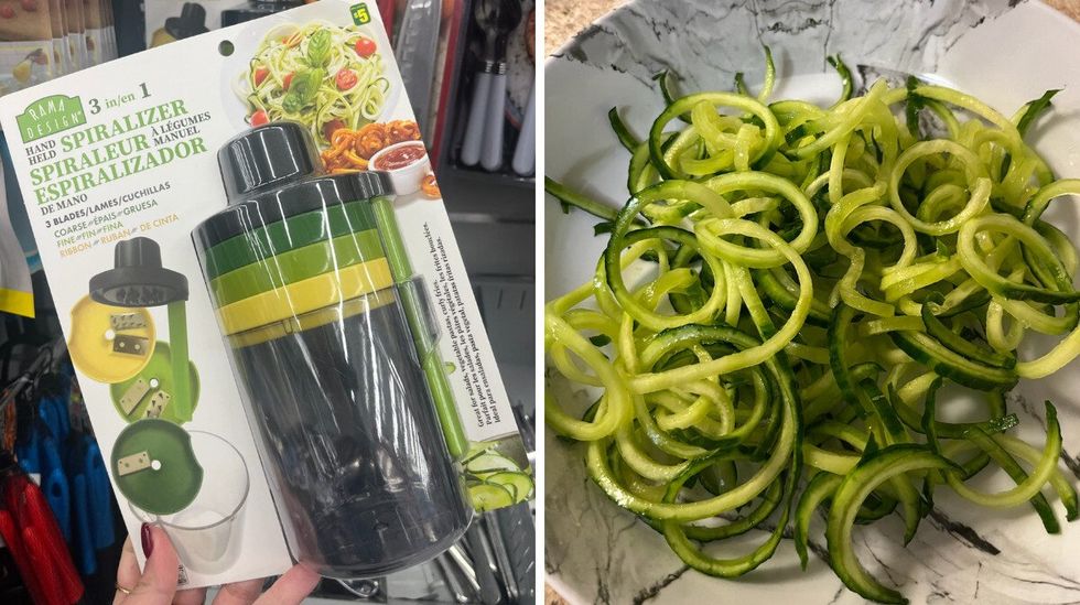 Spiraleur \u00e0 l\u00e9gumes dans son emballage au Dollarama. Droite : Une assiette remplie de spirales de concombres.