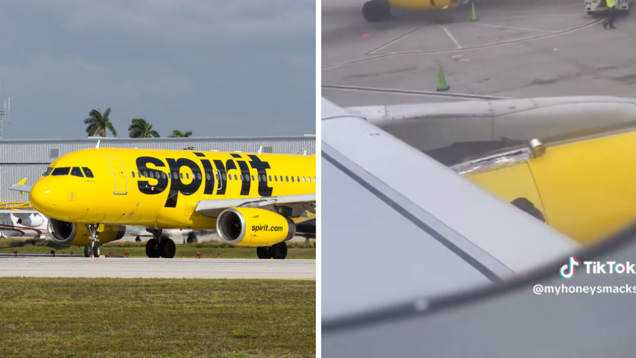 Spirit Airlines. Right: The speed tape on the plane.