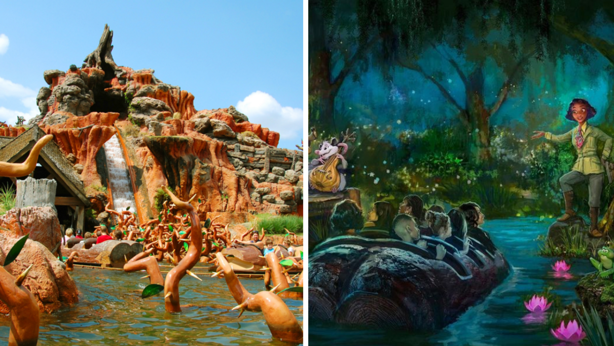 Splash Mountain at Disney World. Right: A cartoon version of what to expect for Splash Mountains replacement.
