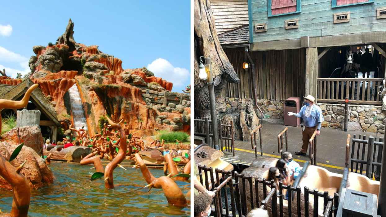 Splash Mountain. Right: A cast member at the loading area for Splash Mountain.