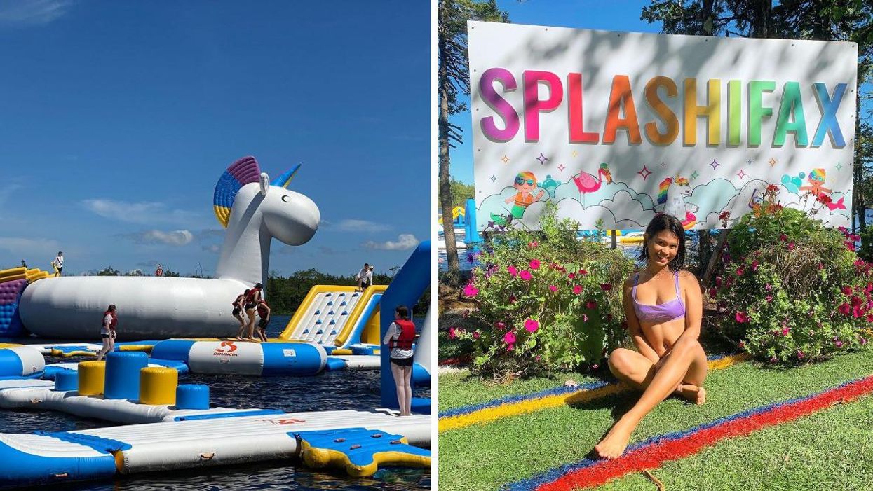 Splashifax water park in Nova Scotia. Right: A person sits in front of a sign for Splashifax.