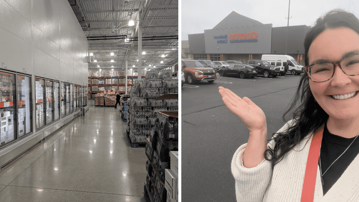 Split image: warehouse interior, smiling person outside showing the store.
