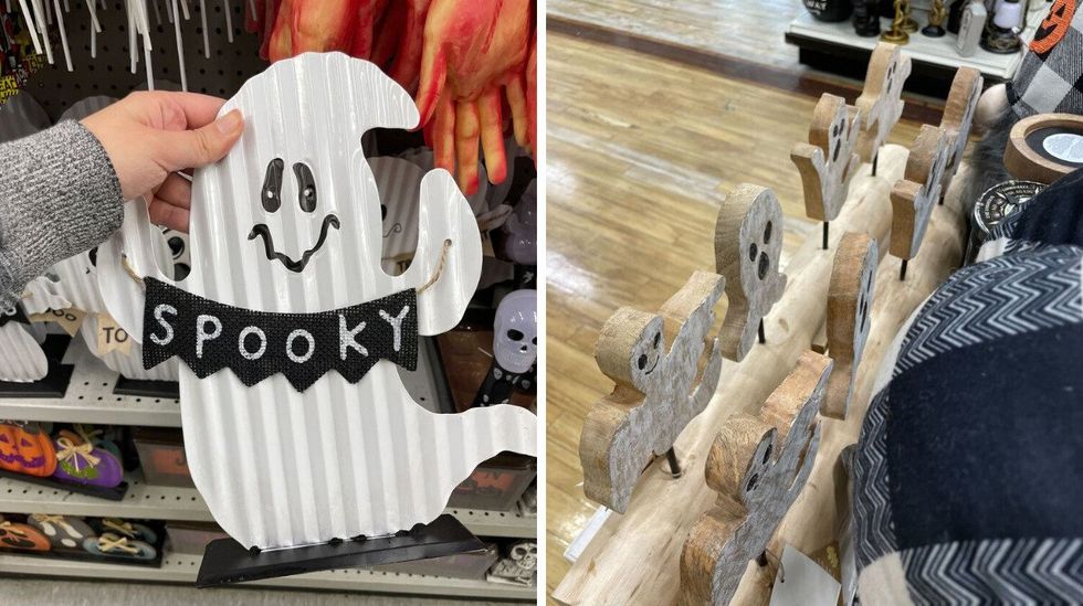 Spooky ghost sign at Dollarama. Right: Ghost decor item at HomeSense.