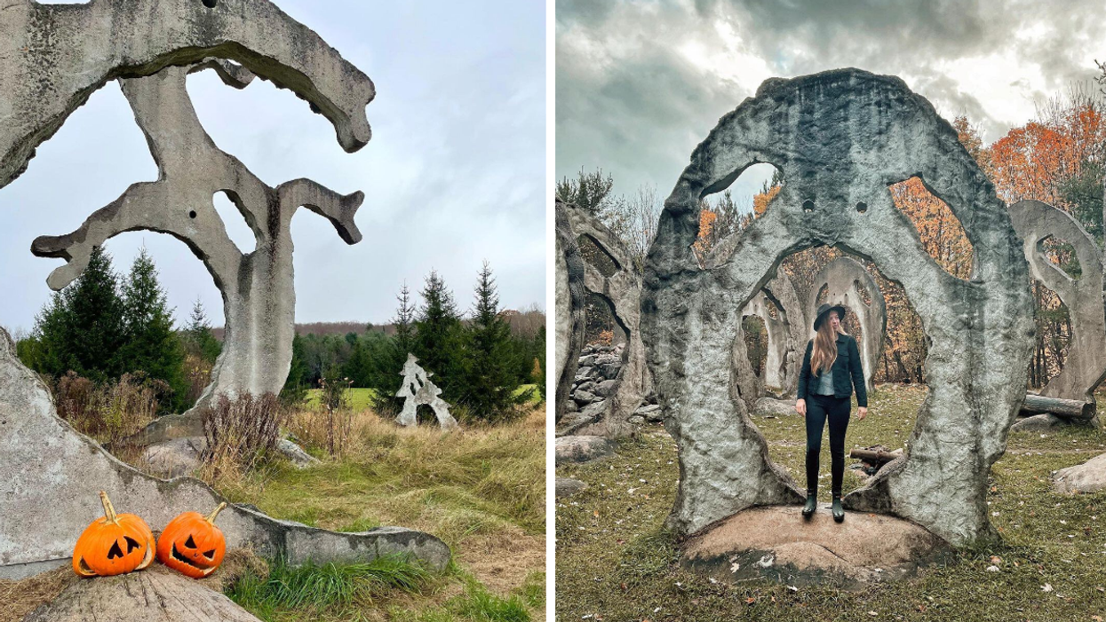Spooky 'Screaming Heads' sculptures in an Ontario garden.