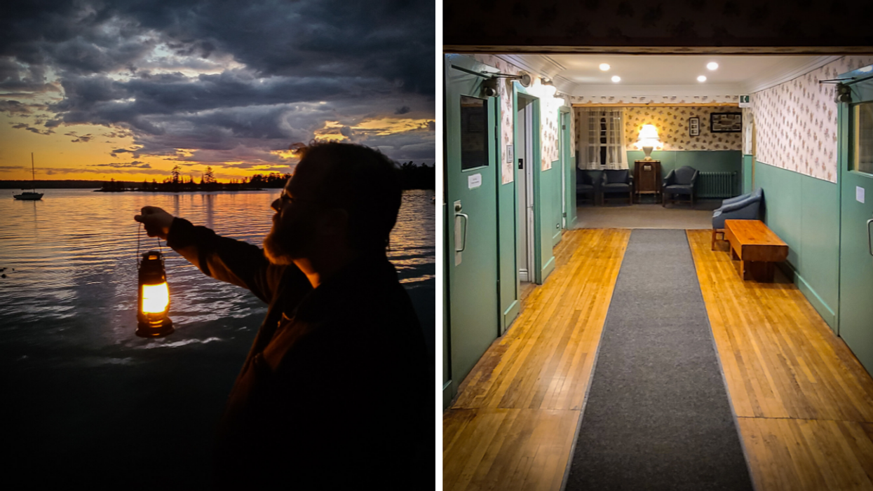 Spooky tour storyteller holding a lantern. Right: Haunted hotel Pine Lodge in Quebec.