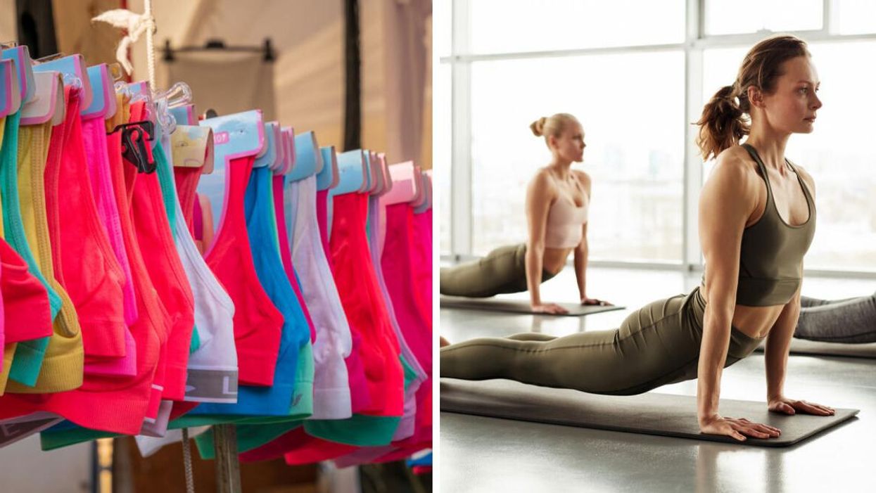 Sports bras on a store rack. Right: Women in a yoga pose.