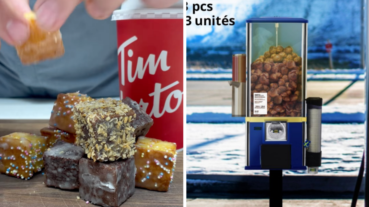Square Timbits. Right: An IKEA meatball vending machine.