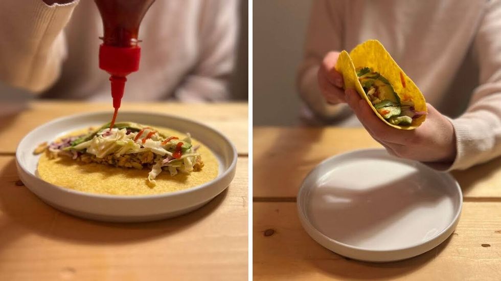 Sriracha being squeezed over the fillings of a fish taco. Right: A fish taco.