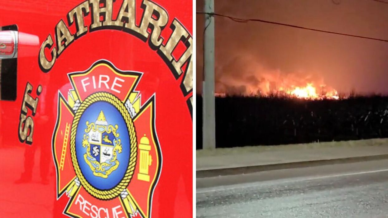 St. Catharines Fire Rescue truck. Right: Footage of an industrial fire.