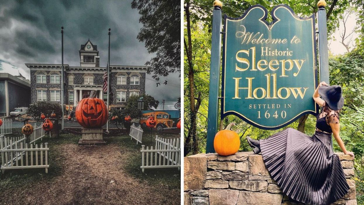 St. Helen's, Oregon. Right: A person poses by the sign for Sleepy Hollow, New York.