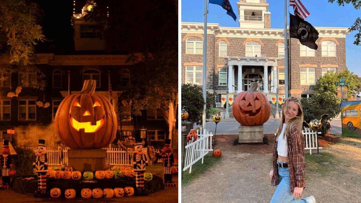 St. Helens, Oregon. Right: A person in the town square of St. Helens.