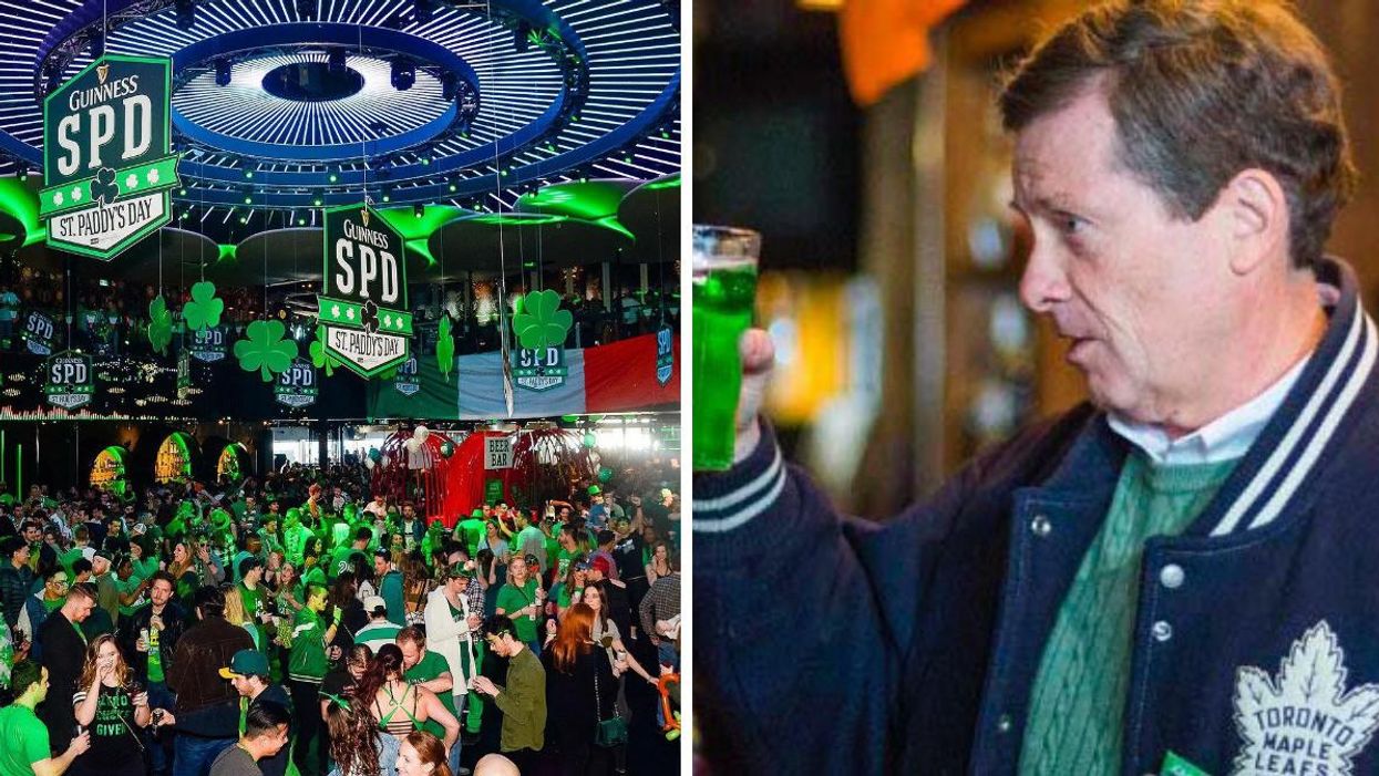St. Patrick's Day Party. Right: Mayor John Tory drinking green beer.