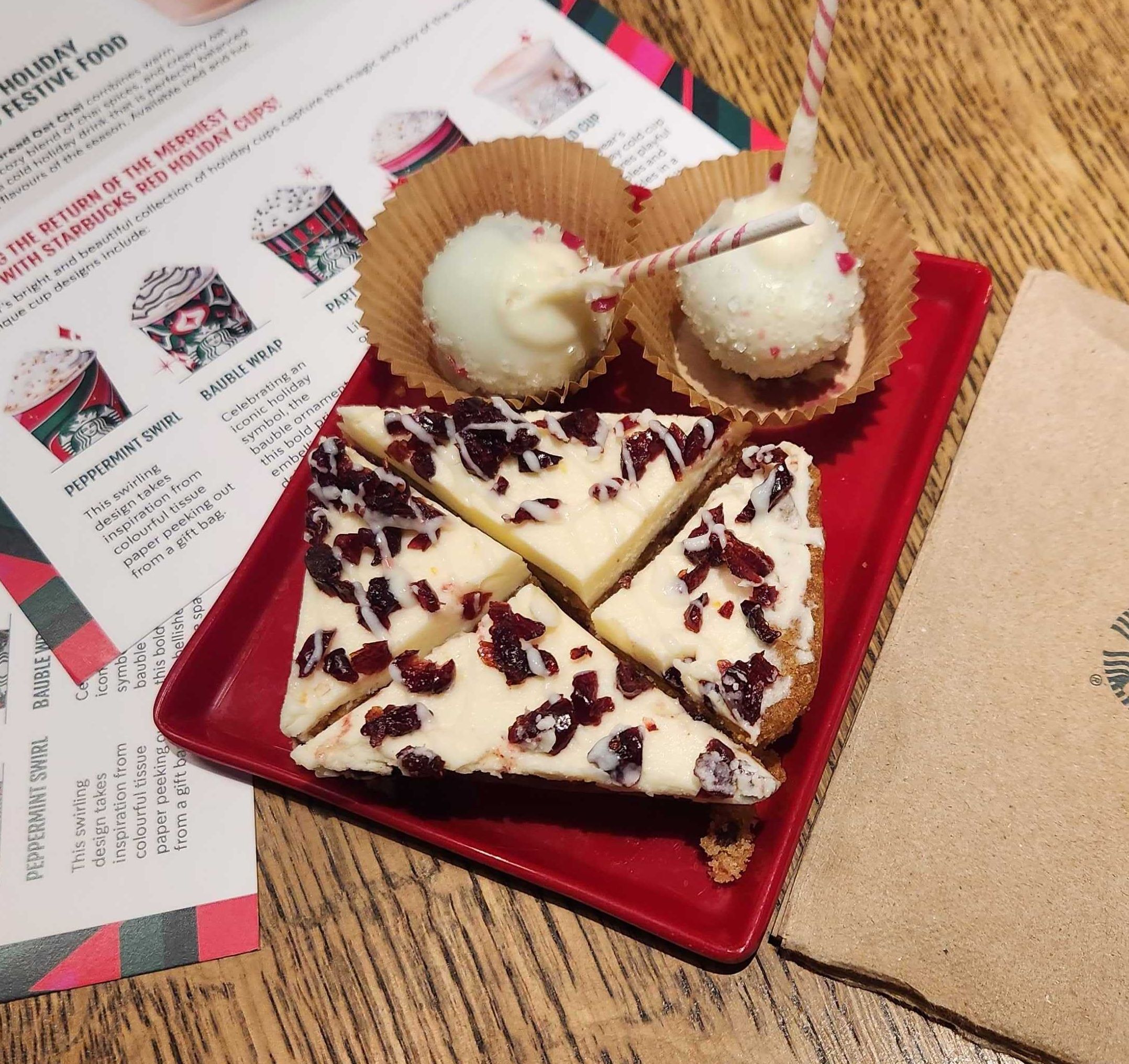 Stabucks' cranberry bliss bars and peppermint brownie cake pops.