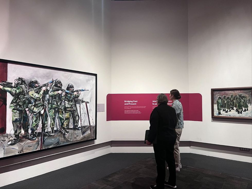 'Stack' by Gertrude Kearns, 2004. Right: 'Gas Drill' by Molly Lamb Bobak, 1944.