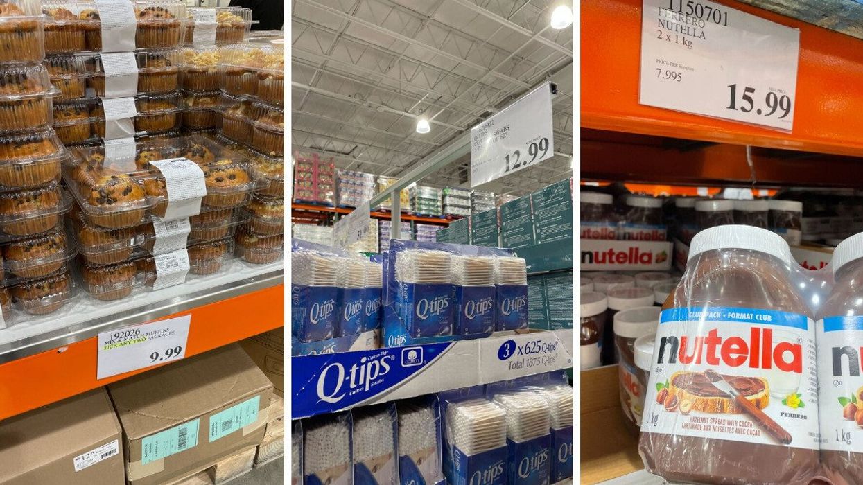 stack of costco kirkland signature muffins. centre: packs of q-tips at costco. right: nutella jars at costco