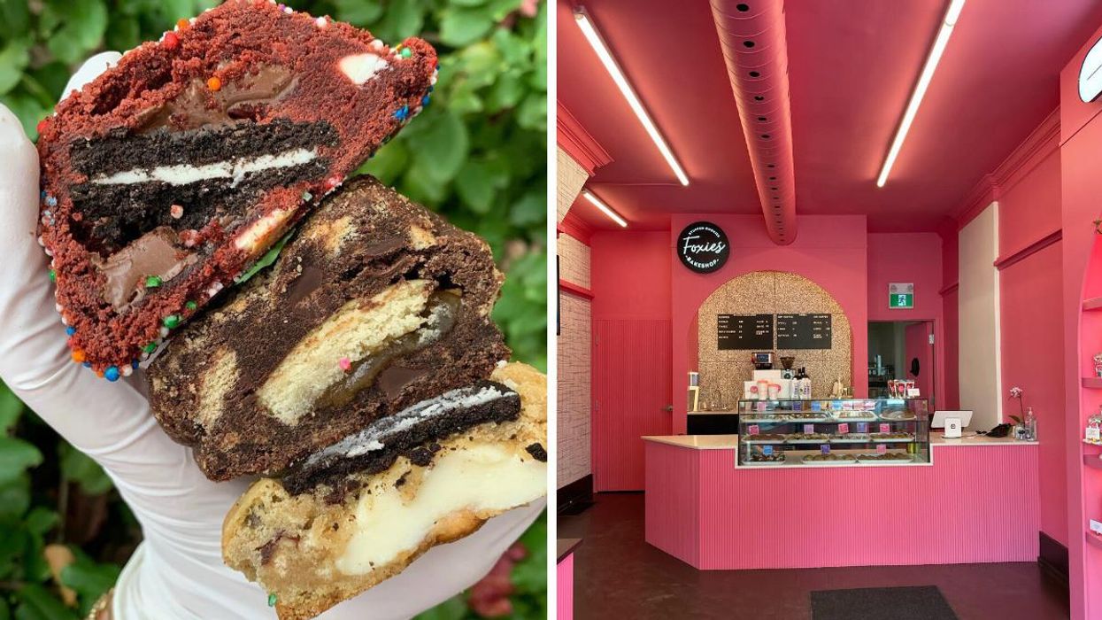 Stack of three cookies. Right: Interior of Foxies Bakeshop.