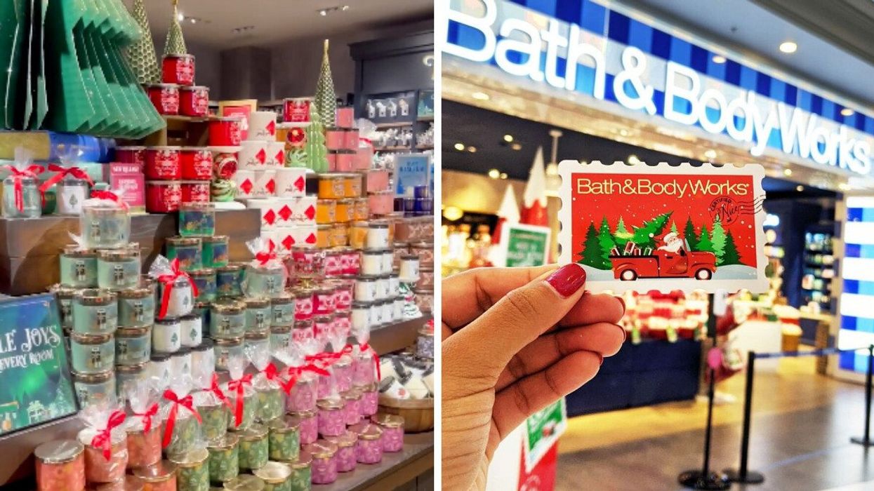 stacks of three-wick bath and body works candles in a store. right: person with a holiday bath and body works gift card in front of a store