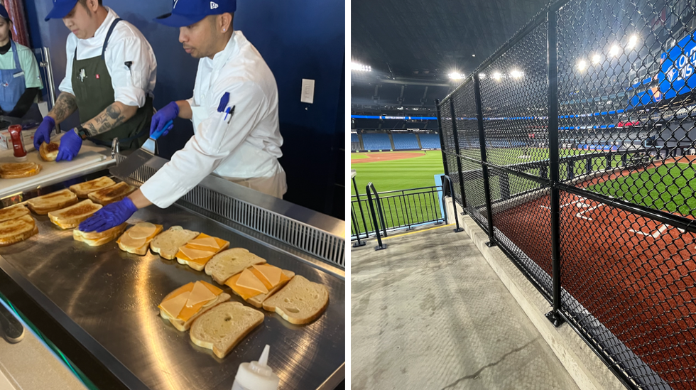 Stadium staff preparing three-cheese grilled cheeses. Right: The view from the 100 level near the visitor's bullpen.