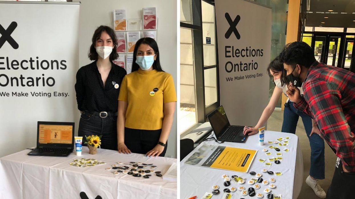 Staff at an Elections Ontario poll booth. Right: People at Elections Ontario voting station.