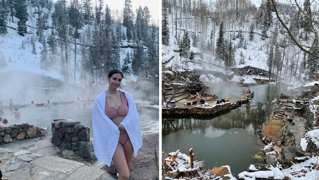 Staff writer Brittany Cristiano at Strawberry Park Hot Springs in Steamboat Springs, CO. Right: The pools at Strawberry Park Hot Springs in Steamboat Springs, CO.