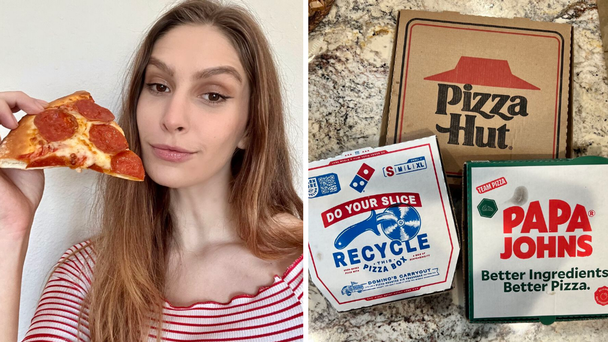 Staff Writer Brittany Cristiano holding a slice of pizza. Right: A stack of pizza boxes.