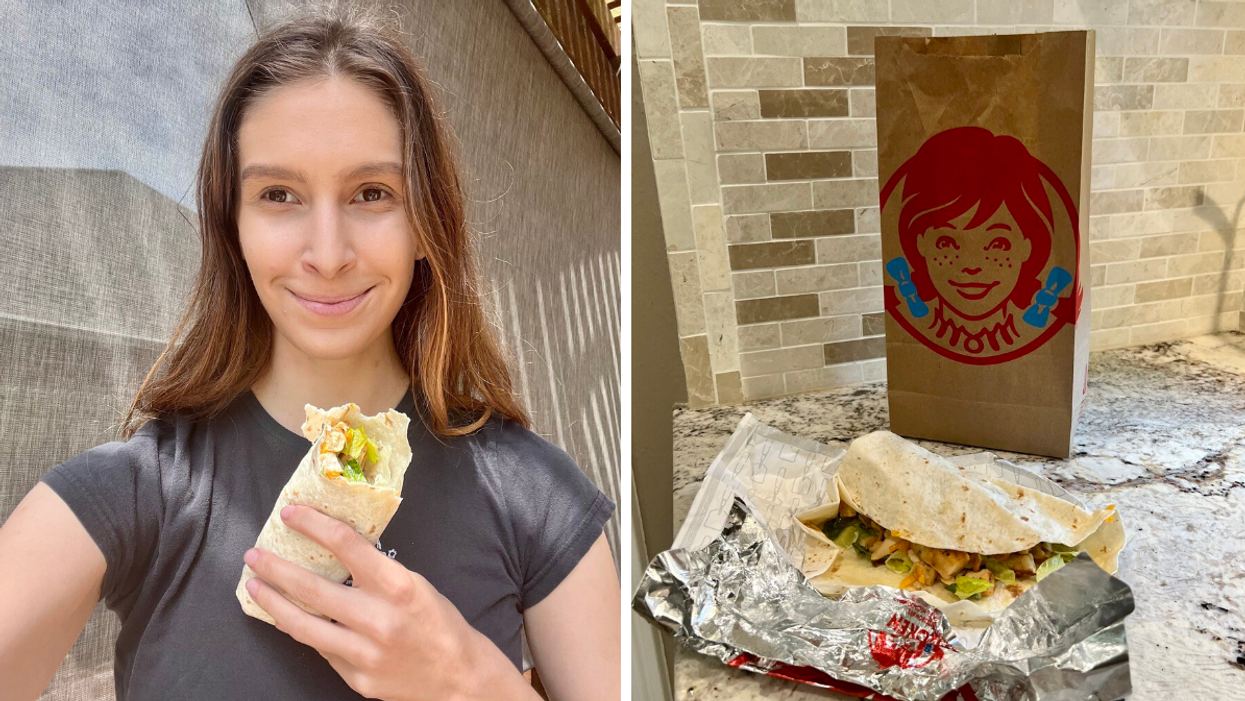 Staff Writer Brittany Cristiano holding a Wendy's grilled chicken ranch wrap. Right: A Wendy's bag and the grilled chicken ranch wrap.