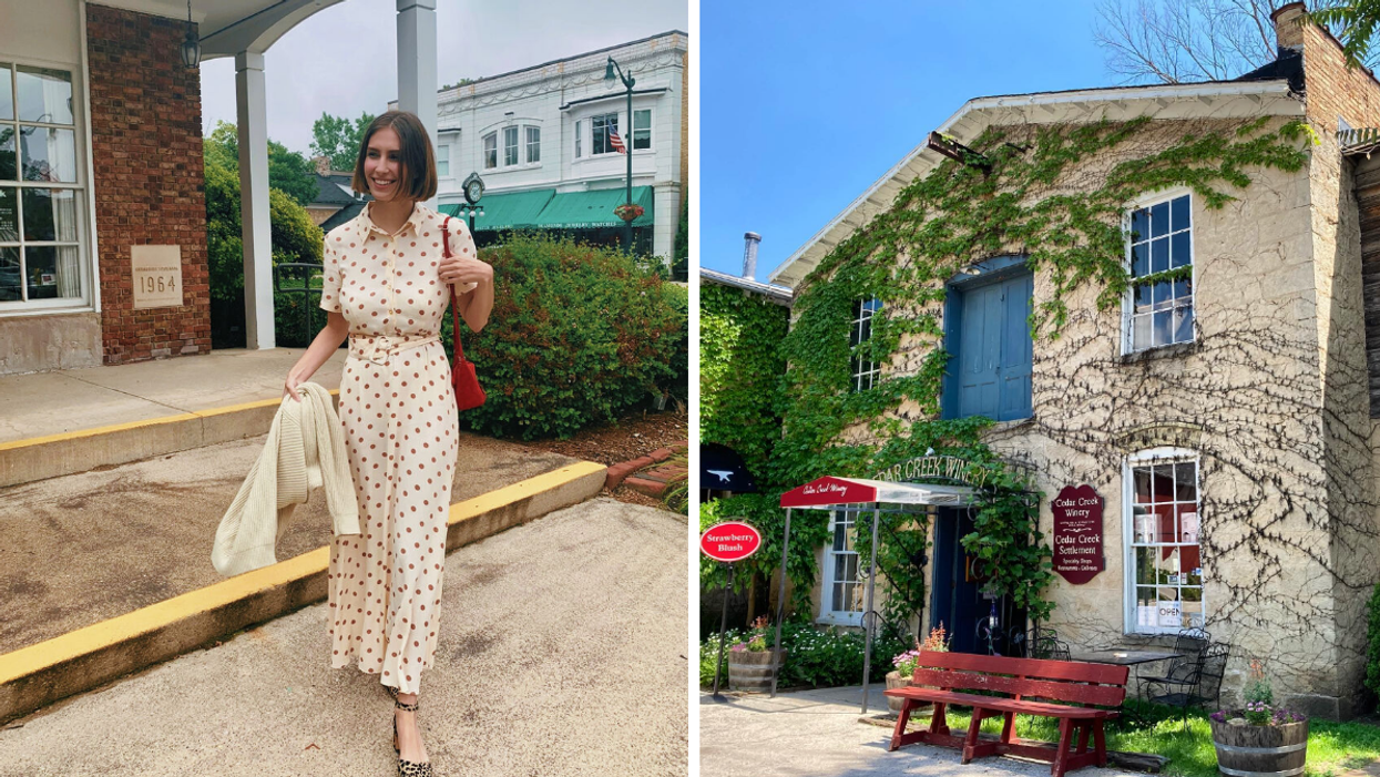 Staff Writer Brittany Cristiano in Cedarburg, WI. Right: The exterior of Cedar Creek Winery.