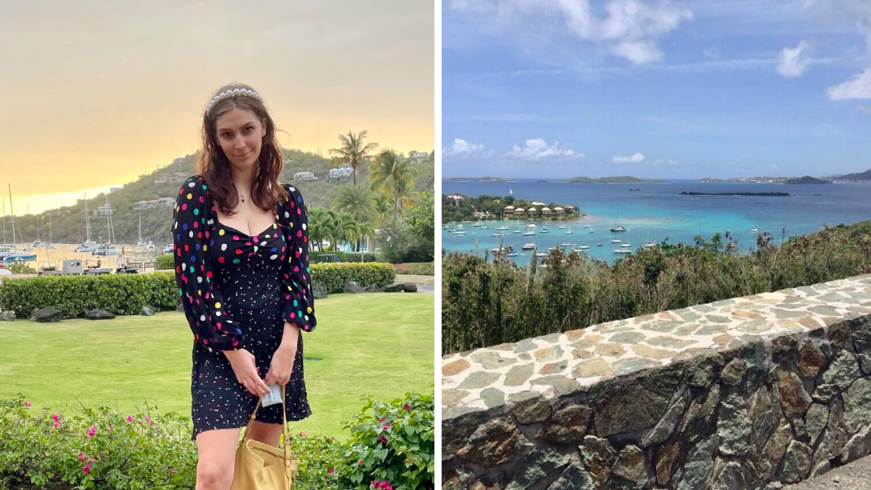 Staff Writer Brittany Cristiano in St. John, VI. Right: A lookout to the ocean in St. John, VI.