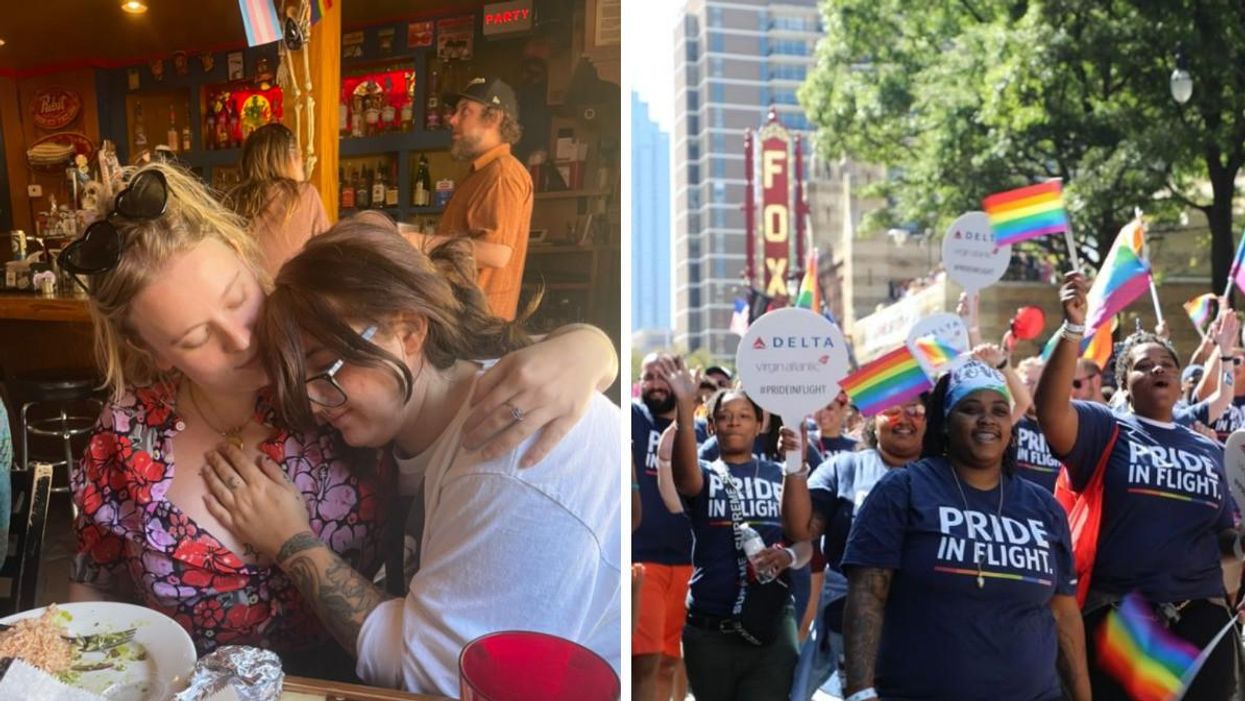 Staff Writer Maeve and her friend Jordan after pride weekend. Right: The pride parade in Atlanta, GA.