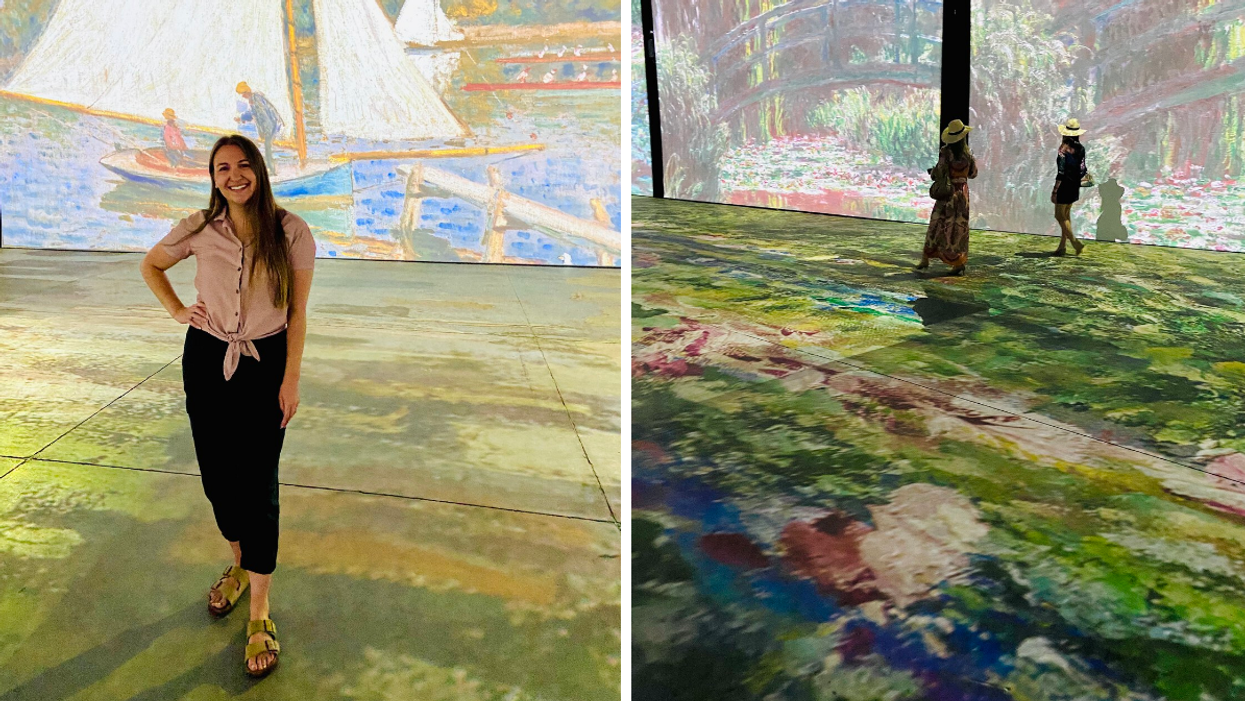 Standing in colourful paintings at the Imagine Monet exhibit in Ottawa.