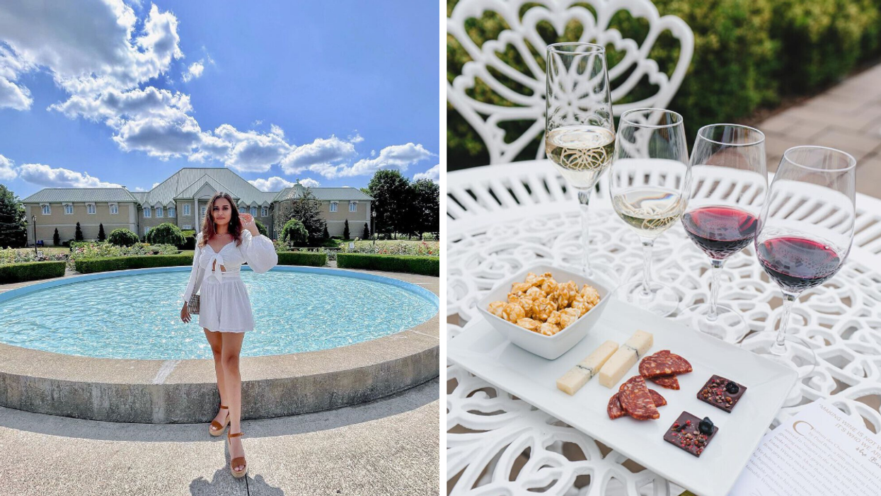 Standing in front of a fountain at Chateau Des Charmes. Right: Wine pairing with popcorn and snacks.
