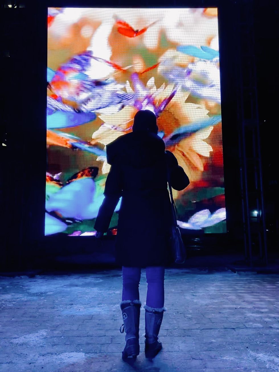 Standing in front of the light show of rainbow butterflies during the Fire and Ice exhibit.