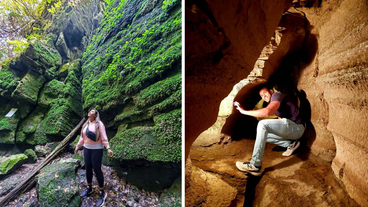 Standing next to mossy limestone caves. Right: Exploring in the Bonnechere Caves.