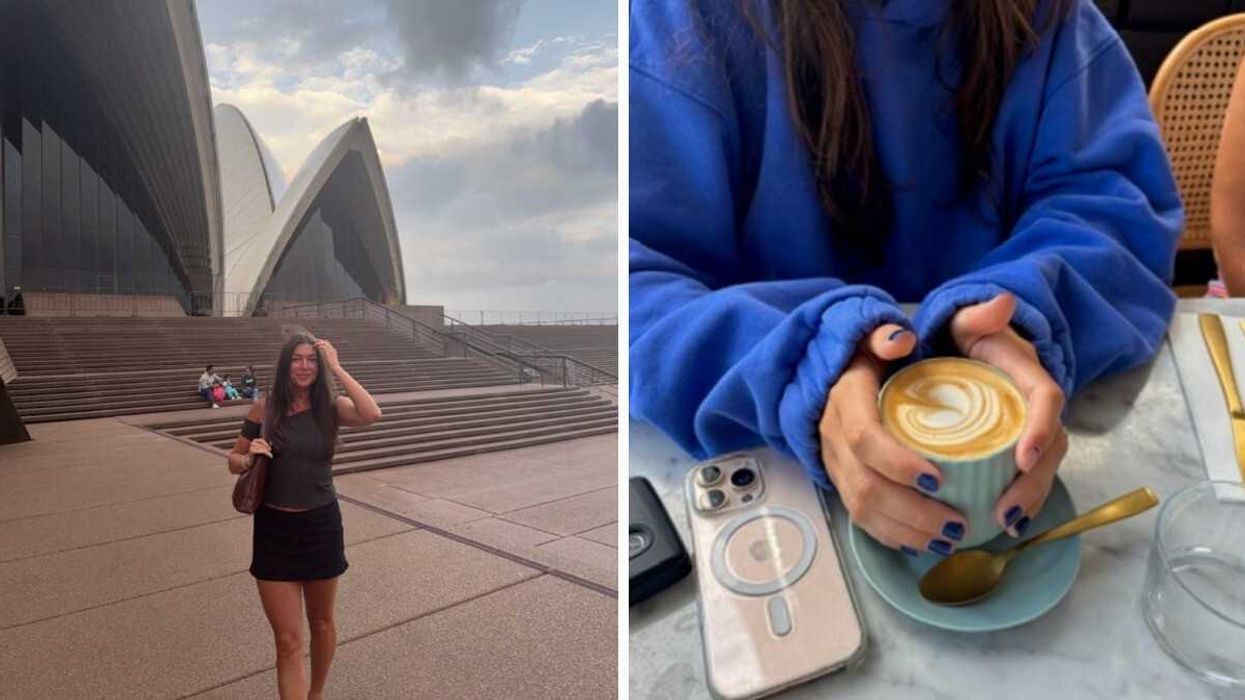 Standing outside of the Sydney Opera House. Right: Holding a coffee cup.