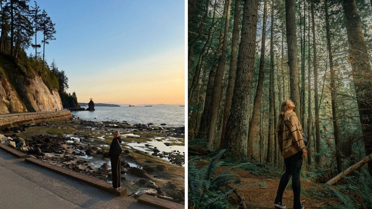 Stanley Park seawall. Right: Person in a forest.