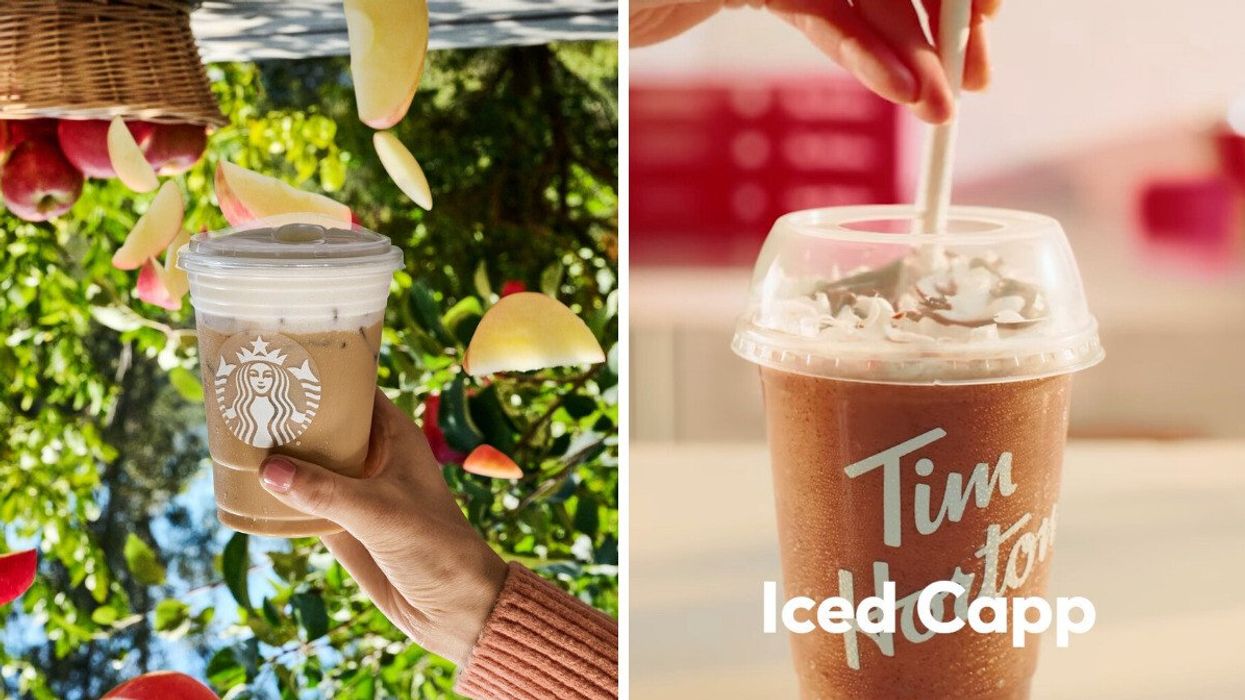 Starbuck's new Iced Apple Crisp Nondairy Chai. Right: Tim Horton's Nutella Ice Capp.