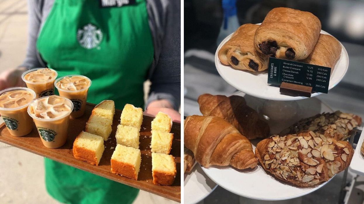 Starbucks employee holding a tray of iced coffee and cake. Right: Starbucks display of croissants.