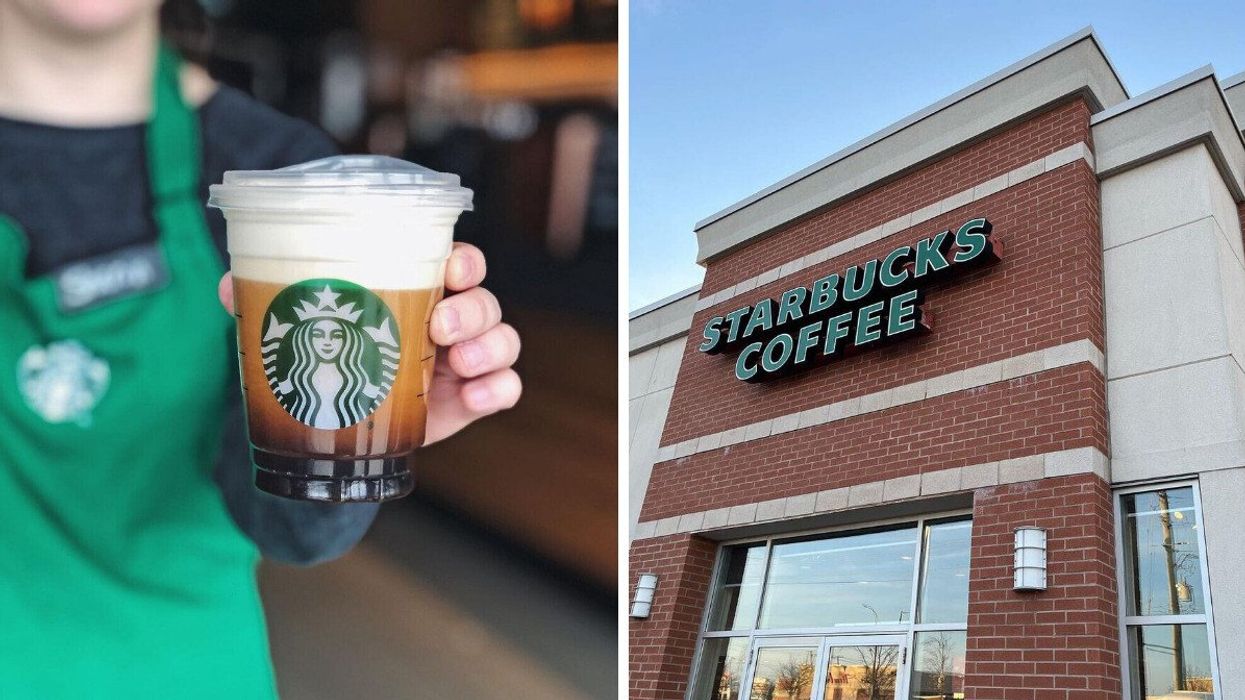 Starbucks employee holding out a cold coffee drink. Right: Exterior of Starbucks location in Canada.
