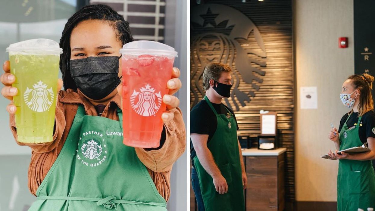 Starbucks employee holding two drinks. Right: Starbucks employees talking to each other.