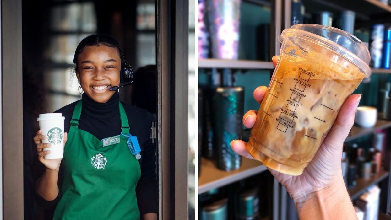 Starbucks employees holding drinks.