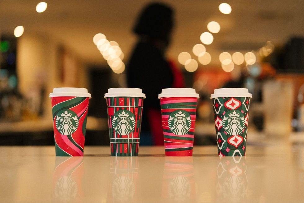 Starbucks' four new holiday cups: Peppermint Swirl, Bauble Wrap, Party Plaid and Ribbon Spool.