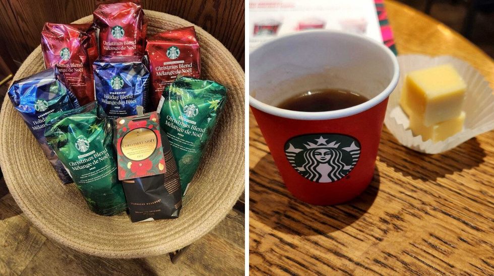 Starbucks' holiday blend coffee with other bags of coffee. Right: Starbucks' holiday blend coffee in a mini cup.