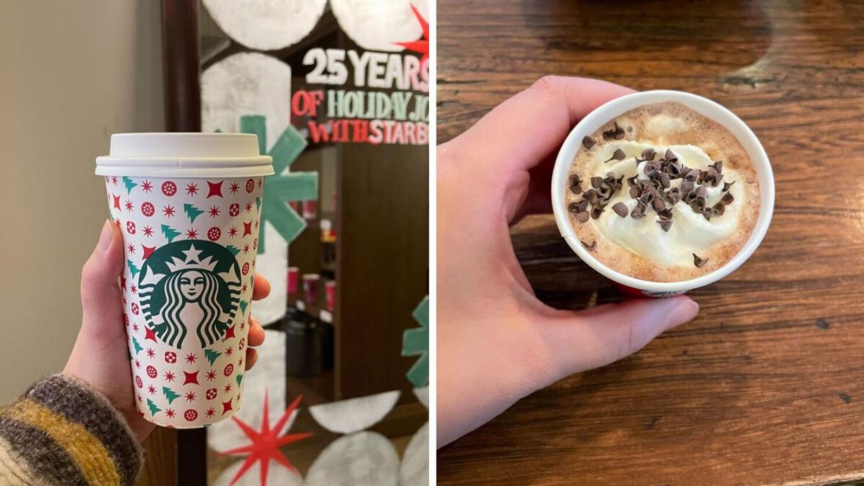 Starbucks holiday drink in a holiday cup. Right: Starbucks Peppermint Mocha.